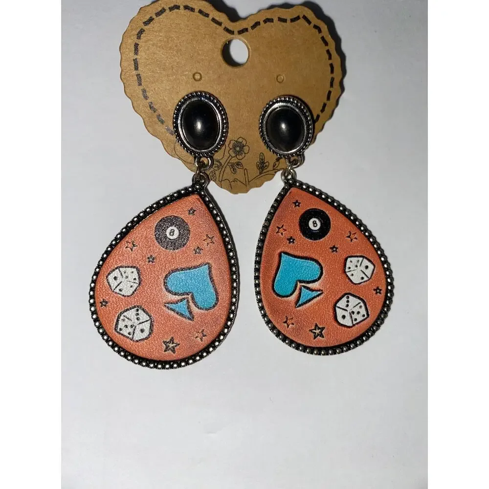 Western Casino Themed Faux Leather Teardrop Earrings